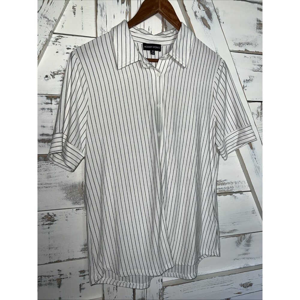Modern Works White Black Pinstripe Stretch Lagenlook Button Down Top Med NWT